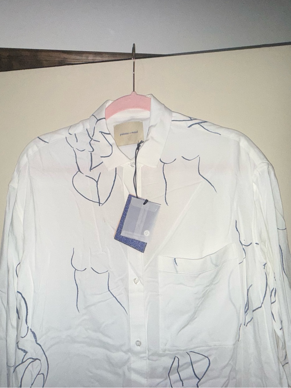 NWT PALOMA WOOL WOMENS LEANDRA BUTTON-UP BLOUSE, SIZE OS (MEDIUM), WHITE/BLUE - Picture 7 of 14